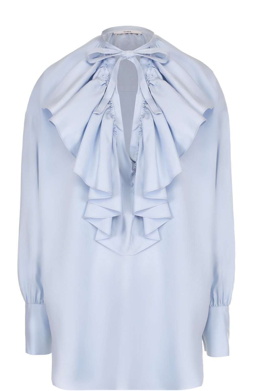 Женская шелковая блуза свободного кроя с оборками TOME голубого цвета, арт. TP17-3113 | Фото 1 (Рукава от горловины: Длинные; Материал внешний: Шелк; Рукава: Длинные; Принт: Без принта; Длина (для топов): Удлиненные; Женское Кросс-КТ: Блуза-одежда)