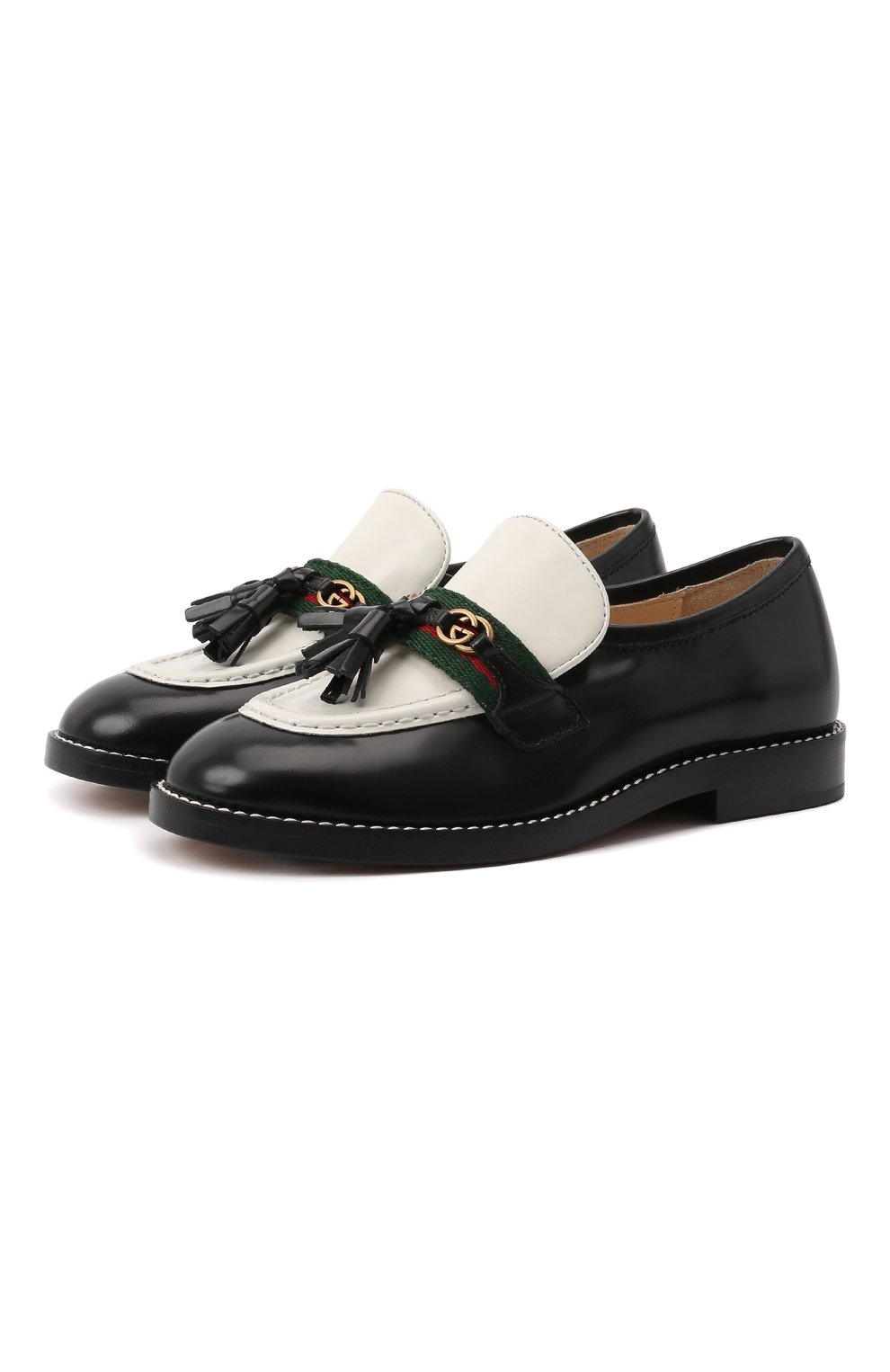 Мужского кожаные лоферы GUCCI черно-белого цвета, арт. 681811/1PKH0 | Фото 1 (Мальчики Кросс-КТ: лоферы)