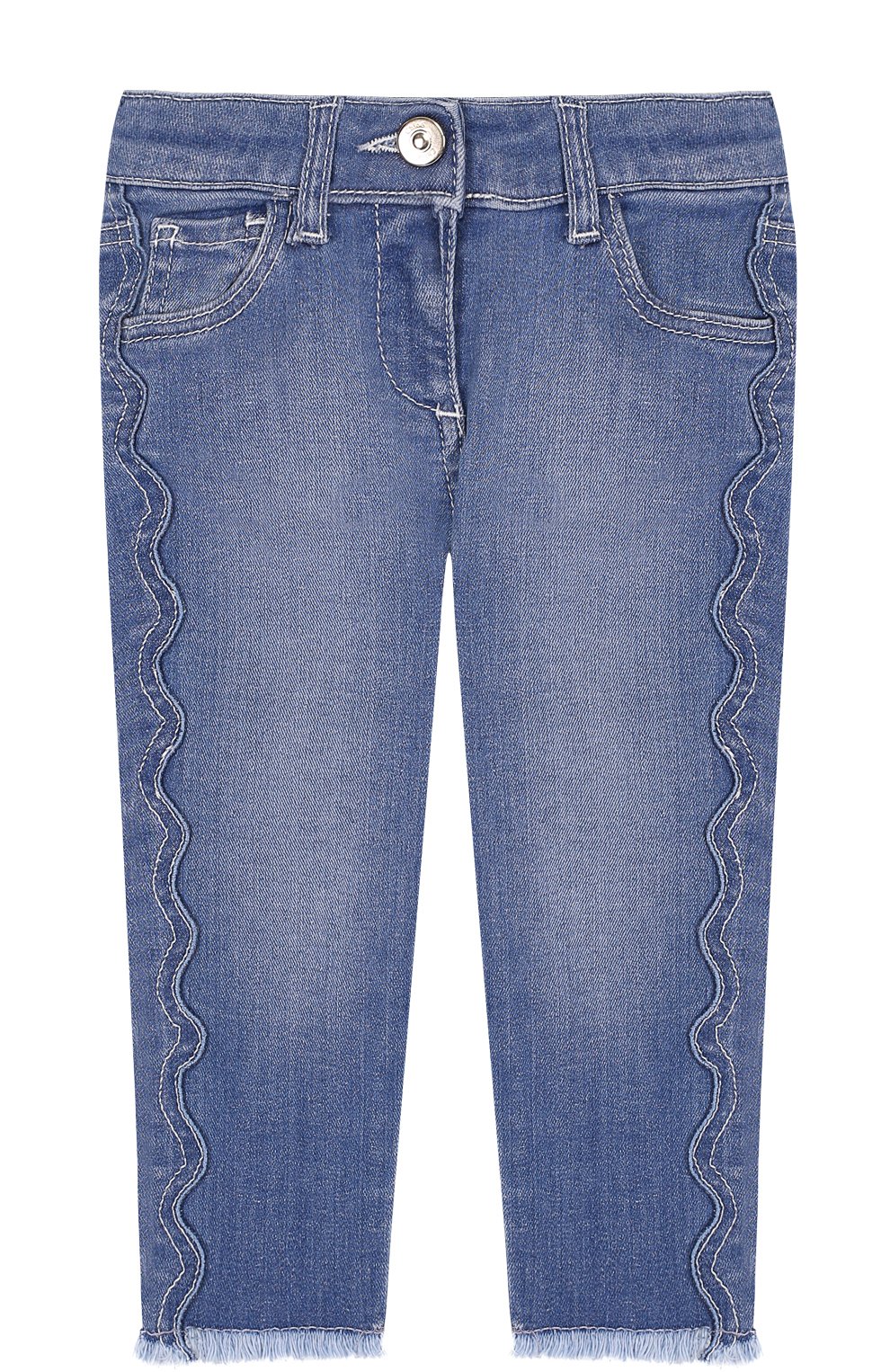 Детские джинсы с фигурной прострочкой и бахромой CHLOÉ голубого цвета, арт. C14539/2A-5A | Фото 1 (Материал внешний: Хлопок; Кросс-КТ: джинсы; Статус проверки: Проверено; Детали: Потертости)