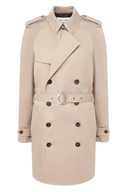 Женский хлопковый тренч SAINT LAURENT бежевого цвета, арт. 560541/Y600U | Фото 1 (Рукава: Длинные; Статус проверки: Проверена категория, Проверено; Материал внешний: Хлопок; Рукава от горловины: Длинные; Материал подклада: Вискоза; Длина (верхняя одежда): До середины бедра; Стили: Классический)