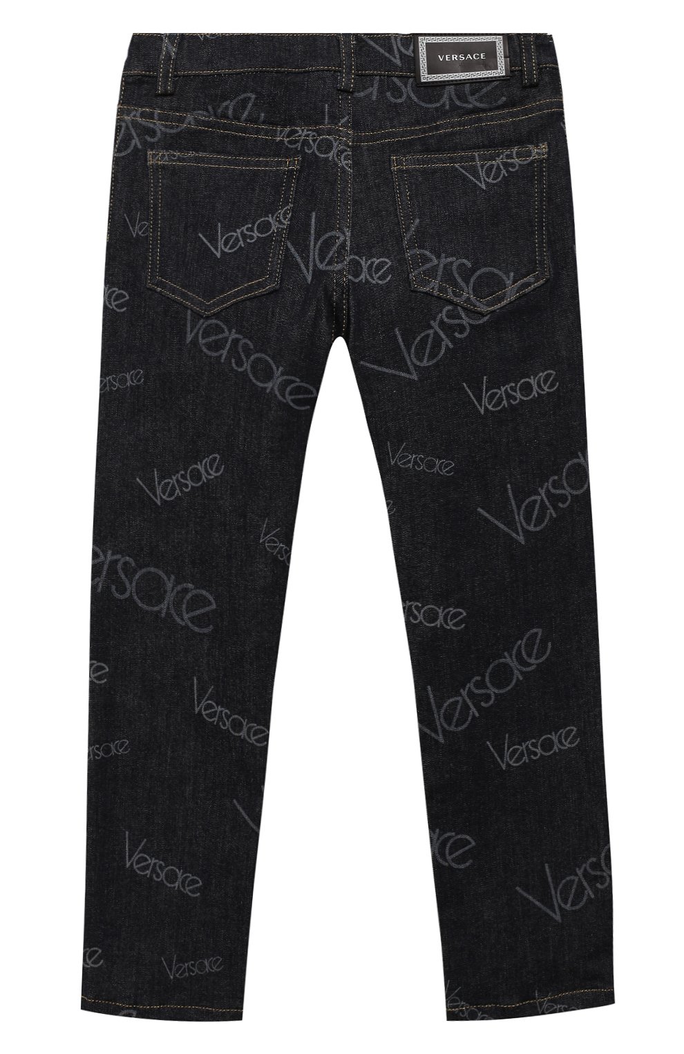 Детские джинсы VERSACE темно-синего цвета, арт. YC000111/YA00321/6A | Фото 2 (Детали: Декор; Материал внешний: Хлопок; Кросс-КТ: джинсы; Статус проверки: Проверена категория)