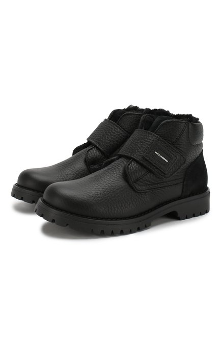 Детские кожаные ботинки с меховой отделкой DOLCE & GABBANA черного цвета по цене 32100 руб., арт. DA0221/AU492/29-36 | Фото 1