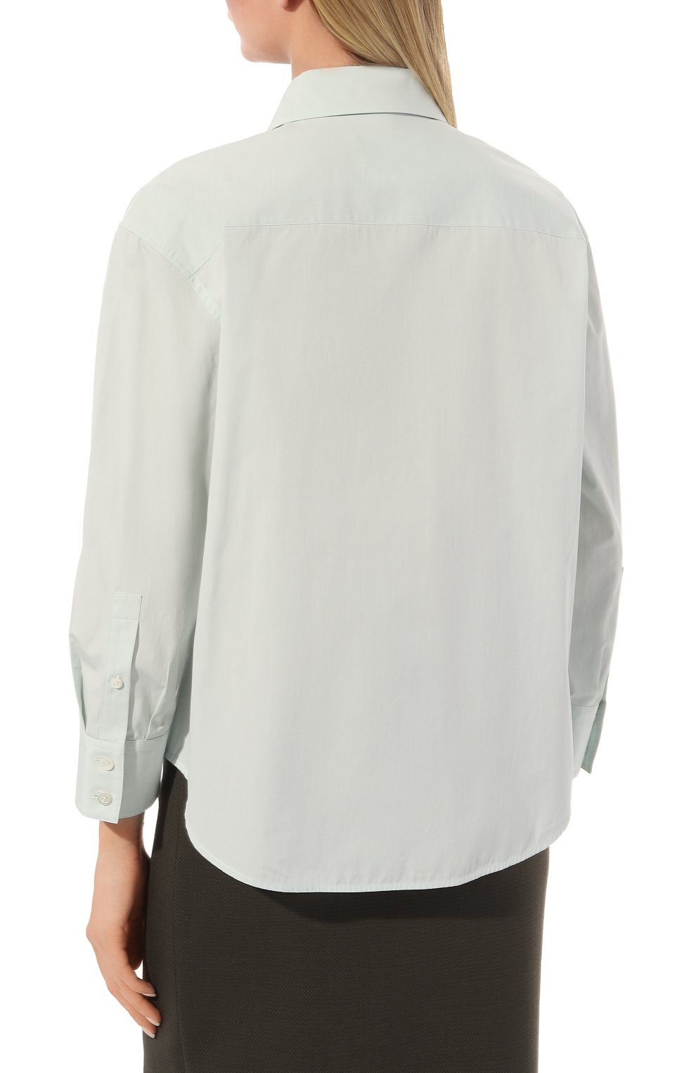 Женская хлопковая рубашка JIL SANDER голубого цвета, арт. J02DL0002/J45146 | Фото 4 (Рукава: Длинные; Принт: Без принта; Женское Кросс-КТ: Рубашка-одежда; Длина (для топов): Стандартные; Материал внешний: Хлопок; Стили: Кэжуэл)