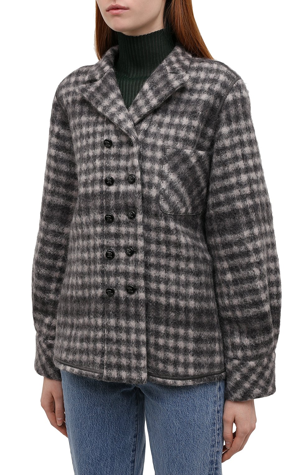 Женское полупальто EMPORIO ARMANI темно-серого цвета, арт. BNB24T/B2700 | Фото 3 (Материал внешний: Шерсть; Рукава: Длинные; Материал подклада: Синтетический материал; Длина (верхняя одежда): Короткие; 1-2-бортные: Двубортные; Стили: Кэжуэл)