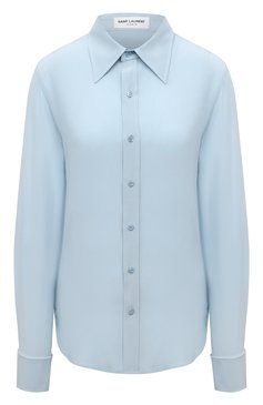 Женская шелковая рубашка SAINT LAURENT голубого цвета, арт. 679108/Y100W | Фото 1 (Материал внешний: Шелк; Рукава: Длинные; Стили: Гламурный, Классический; Женское Кросс-КТ: Рубашка-одежда; Длина (для топов): Стандартные; Материал сплава: Проставлено; Драгоценные камни: Проставлено)