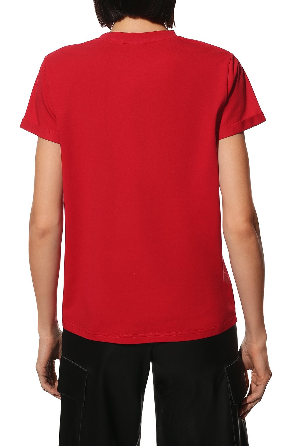 Женская хлопковая футболка SEVEN LAB красного цвета, арт. T BR HEART red | Фото 4 (Рукава: Короткие; Длина (для топов): Стандартные; Принт: С принто�м; Материал внешний: Хлопок; Стили: Спорт-шик; Женское Кросс-КТ: Футболка-одежда)