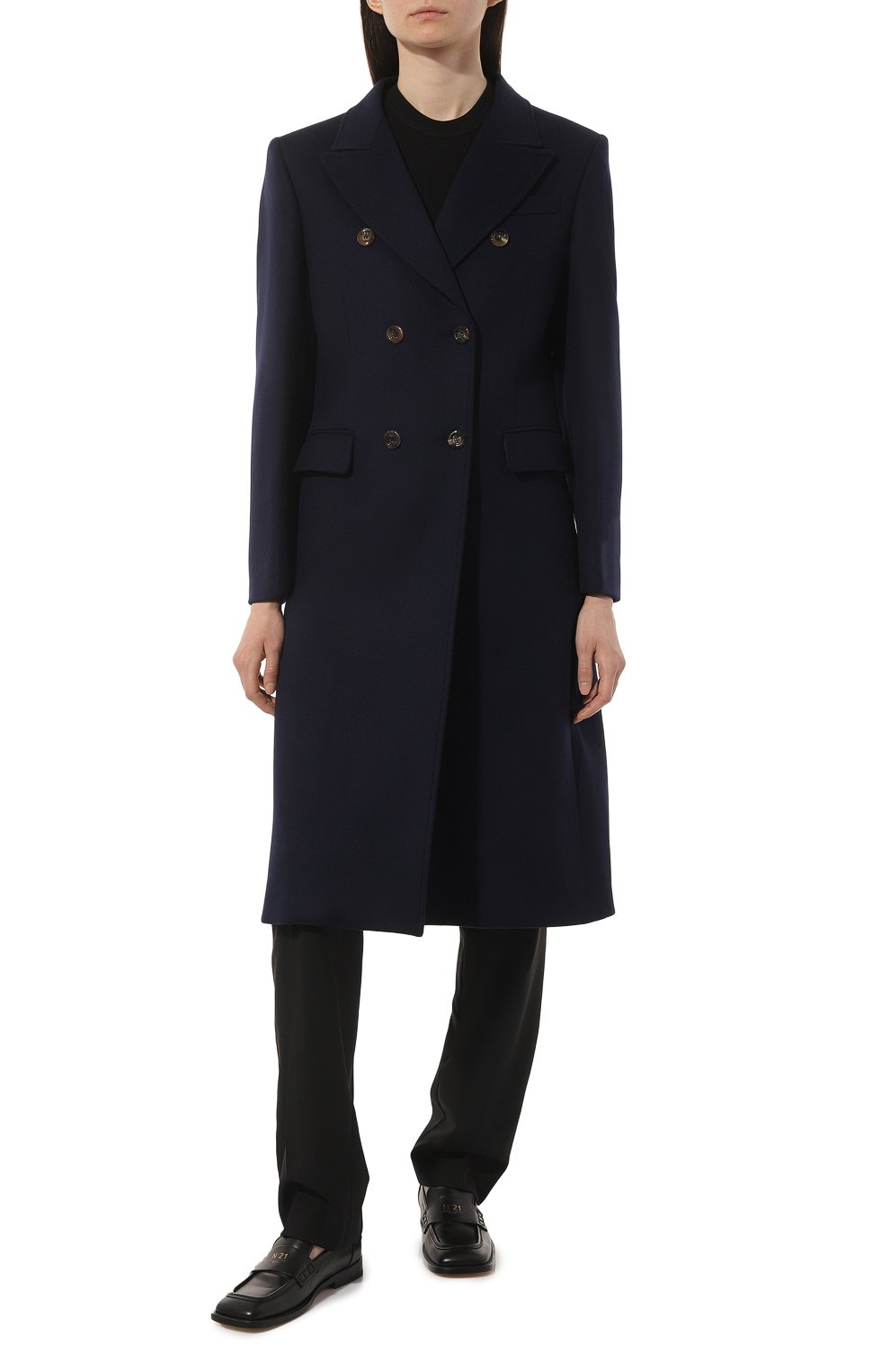 Женское пальто из шерсти и кашемира GUCCI темно-синего цвета, арт. 674003 ZAHI4 | Фото 3 (Материал внешний: Шерсть; Рукава: Длинные; Длина (верхняя одежда): До колена; Материал сплава: Проставлено; Драгоценные камни: Проставлено; 1-2-бортные: Двубортные; Стили: Кэжуэл)