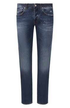 Мужские джинсы TWO MEN IN THE WORLD синего цвета, арт. GIULIAN0/Y433M | Фото 1 (Силуэт М (брюки): Прямые; Кросс-КТ: Деним; Длина (брюки, джинсы): Стандартные; Материал внешний: Хлопок; Детали: Потертости)