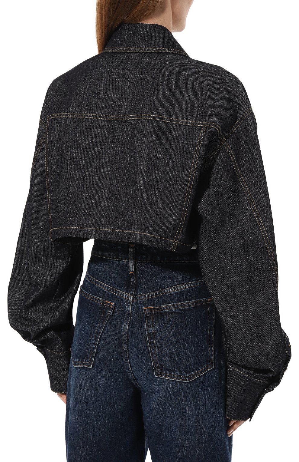Женская джинсовая куртка THE MANNEI синего цвета, арт. GUDARI_JACKET | Фото 4 (Кросс-КТ: Куртка, Деним; Рукава: Длинные; Материал сплава: Проставлено; Материал внешний: Хлопок, Деним; Драгоценные камни: Проставлено; Длина (верхняя одежда): Короткие; Стили: Кэжуэл)