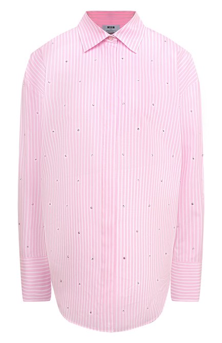 Женская хлопковая рубашка с отделкой стразами MSGM розового цвета, арт. 3641MDE18X/247104 | Фото 1 (Драгоценные камни: Проставлено; Материал внешний: Хлопок; Длина (для топов): Удлиненные; Рукава: Длинные; Материал сплава: Проставлено)
