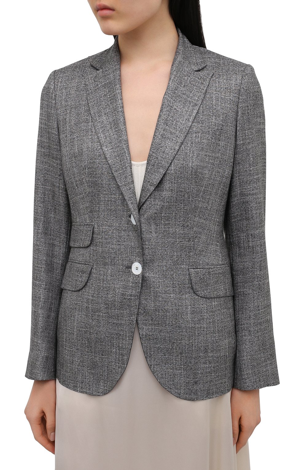 Женский жакет из вискозы KITON серого цвета, арт. D46518K09T11 | Фото 3 (Рукава: Длинные; Случай: Повседневный; Длина (для топов): Стандартные; Региональные ограничения белый список (Axapta Mercury): RU; Материал сплава: Проставлено; 1-2-бортные: Однобортные; Материал внешний: Вискоза; Драгоценные камни: Проставлено; Женское Кросс-КТ: Жакет-одежда; Материал подклада: Шелк; Стили: Кэжуэл)