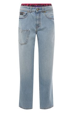 Женские джинсы VERSACE JEANS COUTURE голубого цвета, арт. 74HAB57B/DW009L01 | Фото 1 (Кросс-КТ: Деним; Длина (брюки, джинсы): Стандартные; Силуэт Ж (брюки и джинсы): Прямые; Материал сплава: Проставлено; Материал внешний: Хлопок, Деним; Детали: Потертости; Драгоценные камни: Проставлено)