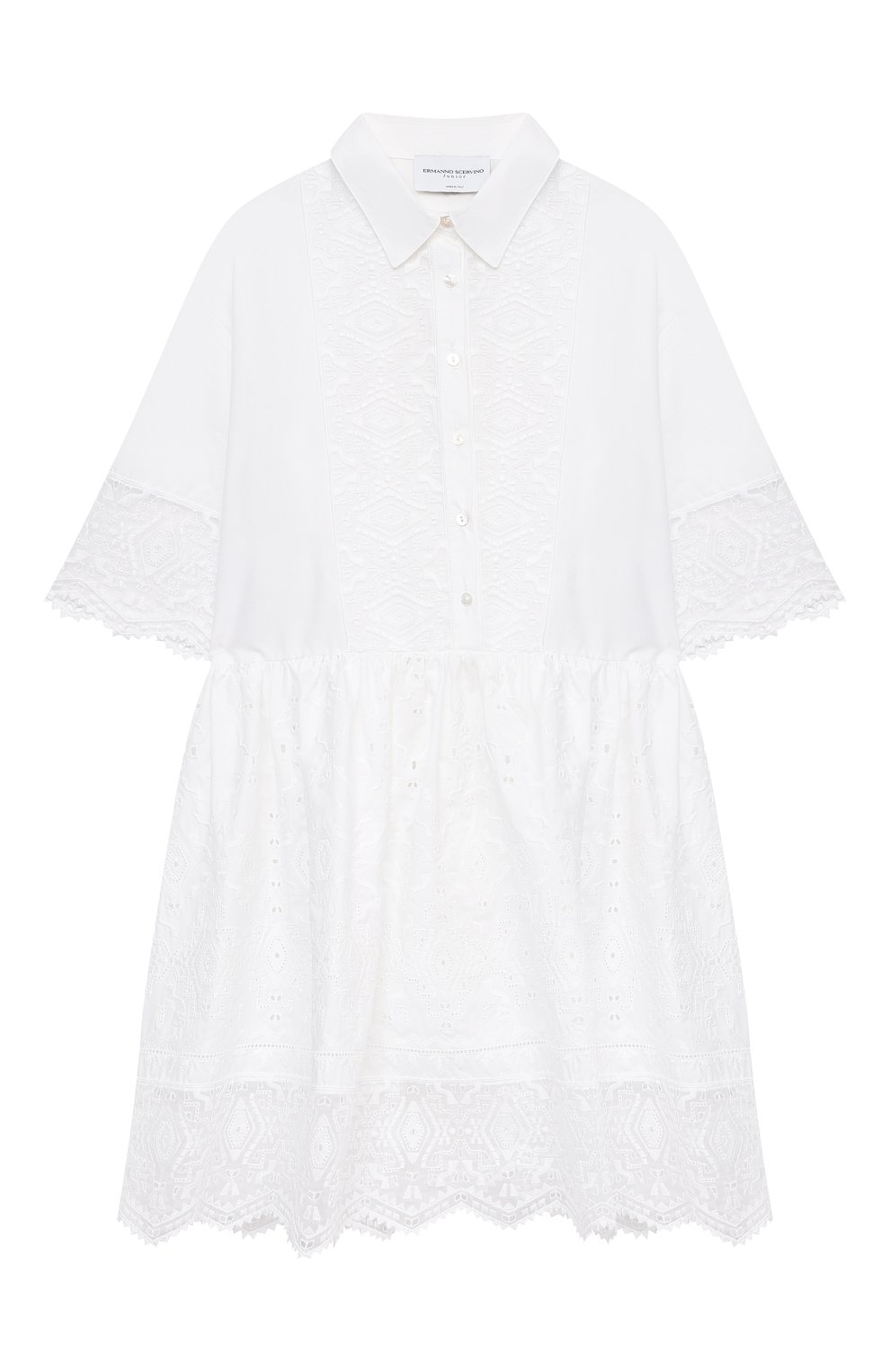 Детское хлопковое платье ERMANNO SCERVINO белого цвета, арт. ESFAB017 RI318 WSUNI1/M-XL | Фото 1 (Рукава: Длинные; Случай: Повседневный; Региональные ограничения белый список (Axapta Mercury): RU; Материал внешний: Хлопок; Девочки Кросс-КТ: Платье-одежда; Ростовка одежда: 12 лет | 152 см)