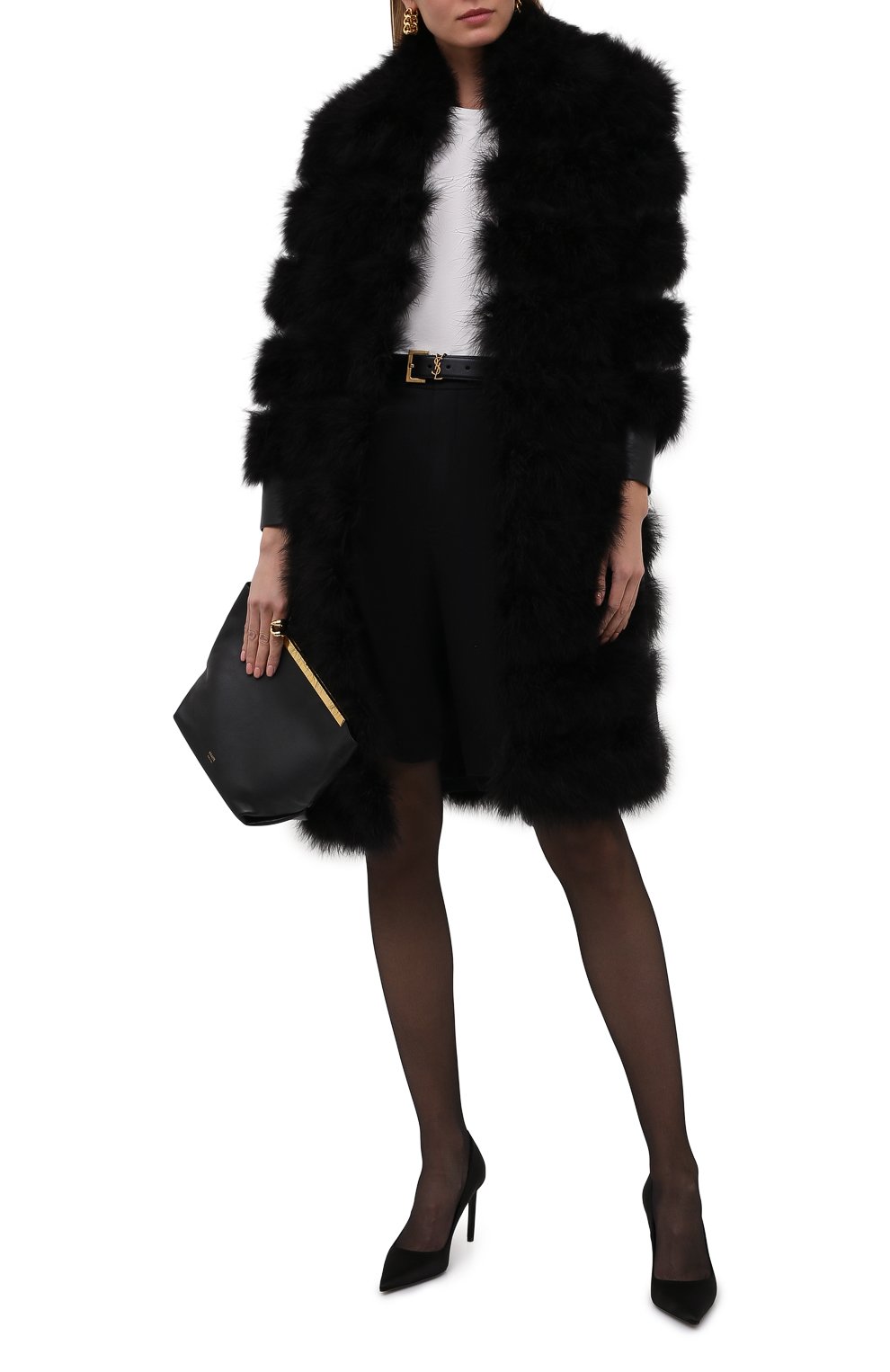 Женская шуба из овчины с отделкой перьями SAINT LAURENT черного цвета, арт. 658391/YCET2 | Фото 2 (Женское Кросс-КТ: Мех; Рукава: Длинные; Материал внешний: Натуральный мех; Длина (верхняя одежда): До колена; Материал подклада: Купро; Стили: Кэжуэл)