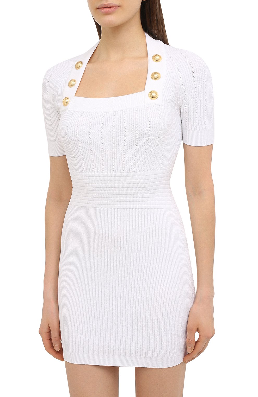 Женское платье из вискозы BALMAIN белого цвета, арт. VF16152/K211 | Фото 3 (Случай: Коктейльный; Стили: Гламурный; Длина Ж (юбки, платья, шорты): Мини; Рукава: Кор�откие; Женское Кросс-КТ: платье-футляр, Платье-одежда; Региональные ограничения белый список (Axapta Mercury): RU; Кросс-КТ: Трикотаж; Материал сплава: Проставлено; Материал внешний: Вискоза; Драгоценные камни: Проставлено)