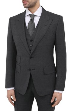 Мужской шерстяной костюм-тройка TOM FORD темно-серого цвета, арт. 911R21/31AL43 | Фото 2 (Материал внешний: Шерсть; Рукава: Длинные; Костюмы М: Однобортный, Костюм-тройка; Региональные ограничения белый список (Axapta Mercury): RU; Стили: Классический; Материал подклада: Шелк, Купро)