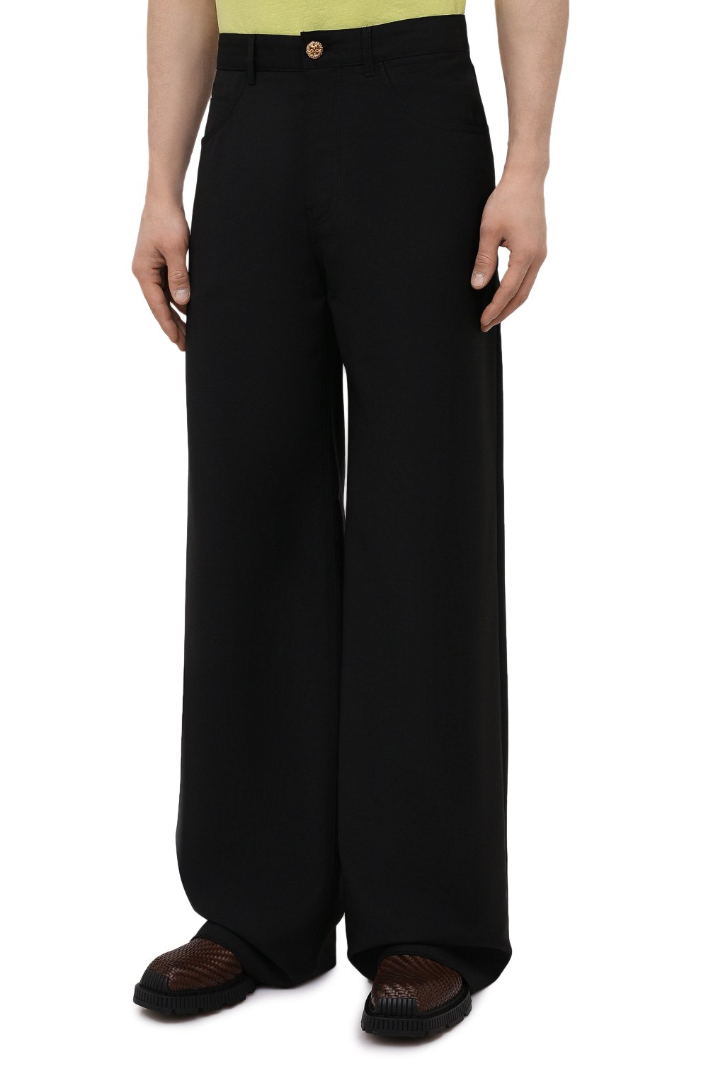 Мужские шерстяные брюки VERSACE черного цвета, арт. A88938/1F01050 | Фото 3 (Стили: Ретро; Материал внешний: Шерсть; Длина (брюки, джинсы): Стандартные; Случай: Повседневный; Материал подклада: Купро)