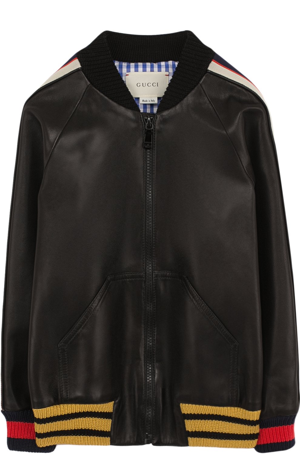 Верхняя одежда Gucci, Кожаная куртка-бомбер с контрастной отделкой Gucci, Италия, Чёрный, Кожа натуральная: 100%; Подкладка-хлопок: 100%; Кожа: 100%;, 2680947  - купить