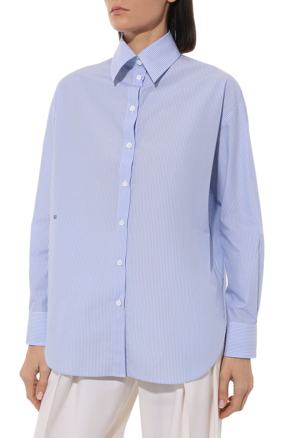 Женская хлопковая рубашка NOBLE&BRULEE голубого цвета, арт. NB001NB/131222/27 | Фото 3 (Рукава: Длинные; Женское Кросс-КТ: Рубашка-одежда; Принт: С принтом; Длина (для топов): Удлиненные; Материал внешний: Хлопок; Стили: Кэжуэл)