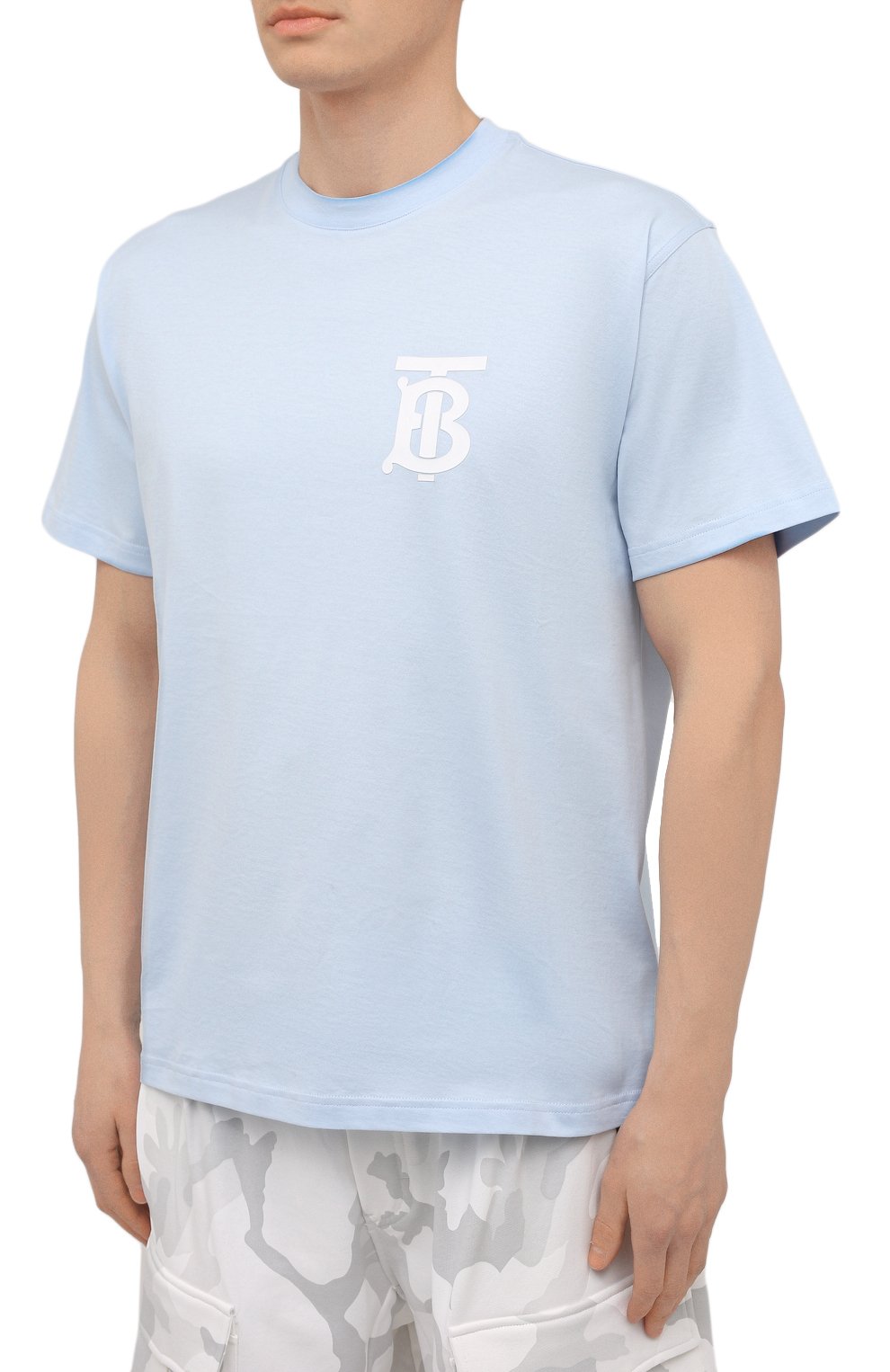 Мужская хлопковая футболка BURBERRY голубого цвета, арт. 8040062 | Фото 3 (Принт: Без принта; Рукава: Короткие; Длина (для топов): Стандартные; Материал внешний: Хлопок; Стили: Кэжуэл)