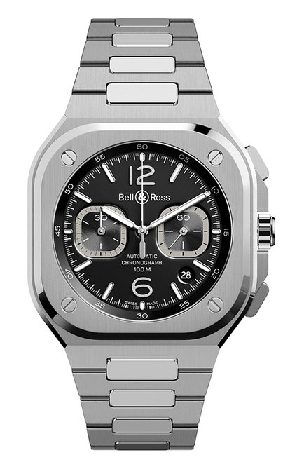 Женские часы br 05 chrono black steel BELL&ROSS бесцветного цвета, арт. BR05C-BL-ST/SST | Фото 1 (Цвет циферблата: Чёрный; Механизм: Автомат; Материал корпуса: Сталь)