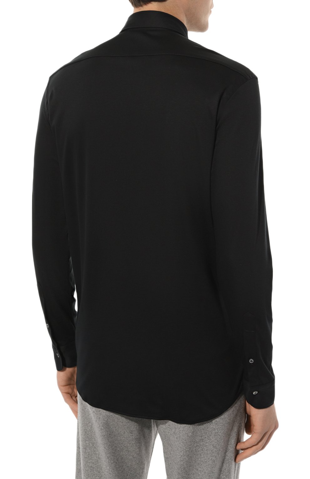 Мужская хлопковая рубашка VAN LAACK черного цвета, арт. PER-LSF/180031 | Фото 4 (Манжеты: На пуговицах; Рукава: Длинные; Воротник: Акула;  Случай: Повседневный; Длина (для топов): Стандартные; Рубашки М: Slim Fit; Материал сплава: Проставлено; Материал внешний: Хлопок; Принт: Однотонные; Драгоценные камни: Проставлено; Стили: Кэжуэл)