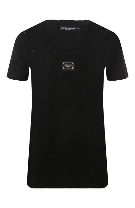 Женская хлопковая футболка DOLCE & GABBANA черного цвета, арт. F8T00T/G7H4U | Фото 1 (Драгоценные камни: Проставлено; Длина (для топов): Стандартные; Материал сплава: Проставлено; Материал внешний: Хлопок; Рукава: Короткие)