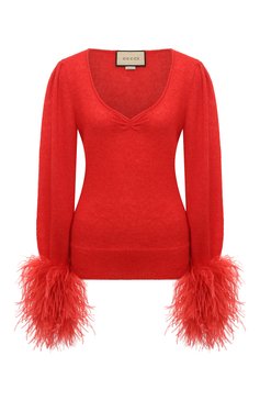 Женский пуловер GUCCI красного цвета, арт. 670624 XKB1V | Фото 1 (Материал внешний: Шерсть; Рукава: Длинные; Длина (для топов): Стандартные; Женское Кросс-КТ: Пуловер-одежда, Кардиган-одежда; Стили: Романтичный)