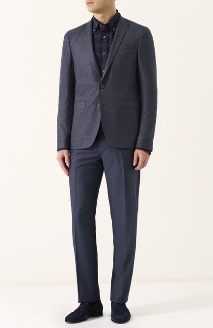 Мужская хлопковая рубашка с воротником button down BRIONI темно-синего цвета, арт. SC020Q/P7139 | Фото 2 (Длина (для топов): Стандартные; Материал внешний: Лен; Рукава: Длинные; Статус проверки: Проверено, Проверена категория; Случай: Повседневный; Принт: Клетка; Воротник: Button down; Манжеты: На пуговицах)