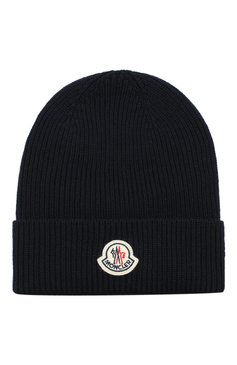 Мужская шерстяная шапка с логотипом бренда MONCLER темно-синего цвета, арт. D2-091-00217-00-04957 | Фото 1 (Материал: Текстиль, Шерсть; Кросс-КТ: Трикотаж; Статус проверки: Проверено, Проверена категория)