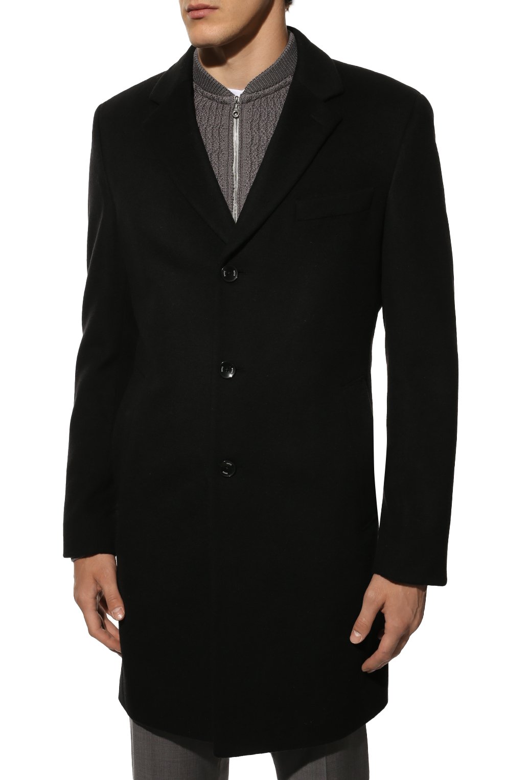 Мужской пальто из шерсти и кашемира BOSS черного цвета, арт. 50479756 | Фото 3 (Материал внешний: Шерсть; Рукава: Длинные; Длина (верхняя одежда): До середины бедра; Стили: Классический; Мужское Кросс-КТ: пальто-верхняя одежда)