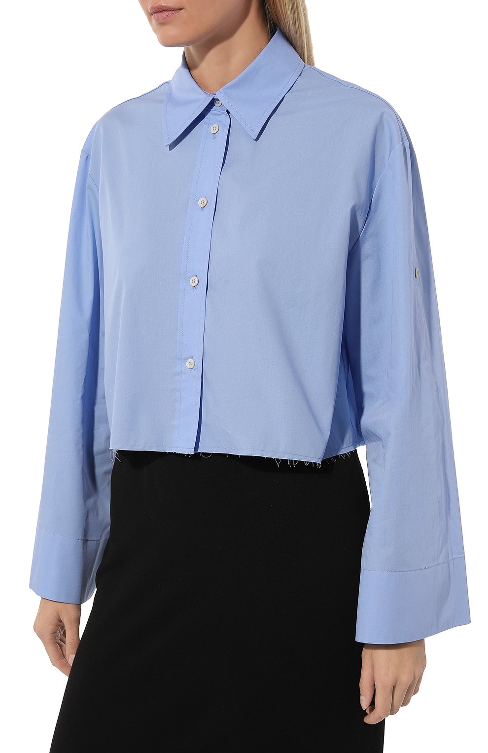Женская хлопковая рубашка ERIKA CAVALLINI голубого цвета, арт. P3WJ03 | Фото 3 (Рукава: Длинные; Принт: Без принта; Женское Кросс-КТ: Рубашка-одежда; Длина (для топов): Стандартные; Материал сплава: Проставлено; Материал внешний: Хлопок; Драгоценные камни: Проставлено; Стили: Кэжуэл)