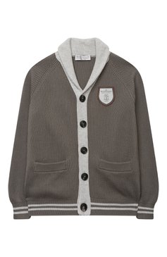 Детский хлопковый кардиган BRUNELLO CUCINELLI хаки цвета, арт. B29M11706C | Фото 1 (Рукава: Длинные; Мальчики Кросс-КТ: Кардиган-одежда; Материал сплава: Проставлено; Материал внешний: Хлопок; Драгоценные камни: Проставлено; Ростовка одежда: 12 лет | 152 см, 13 - 15 лет | 158 см)
