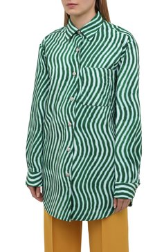 Женская хлопковая рубашка DRIES VAN NOTEN зеленого цвета, арт. 211-30731-2009 | Фото 3 (Рукава: Длинные; Женское Кросс-КТ: Рубашка-одежда; Принт: С принтом; Длина (для топов): Удлиненные; Региональные ограничения белый список (Axapta Mercury): RU; Материал внешний: Хлопок; Материал подклада: Хлопок; Стили: Кэжуэл)