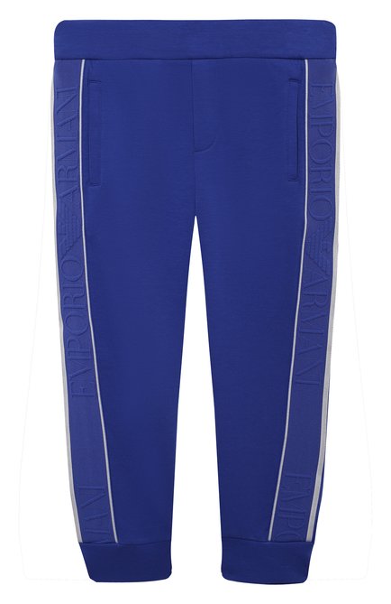 Детские хлопковые джоггеры EMPORIO ARMANI синего цвета, арт. 3K4P93/1JHSZ | Фото 1 (Материал внешний: Хлопок; Мальчики Кросс-КТ: Брюки-одежда, Джоггеры-одежда; Региональные ограничения белый список (Axapta Mercury): RU; Ростовка одежда: 10 - 11 лет | 140 - 146см, 13 - 15 лет | 158 см, 16 лет | 164 см, 4 года | 104 см, 5 лет | 110 см, 6 лет | 116 см, 7 лет | 122 см, 8 лет | 128 см)