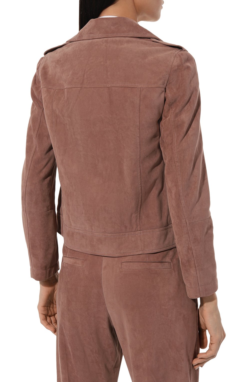 Женская замшевая куртка BRUNELLO CUCINELLI розового цвета, арт. M0PCL2873 | Фото 4 (Кросс-КТ: Куртка; Рукава: Длинные; Материал сплава: Проставлено; Материал подклада: Синтетический материал; Материал внешний: Натуральная кожа; Драгоценные камни: Проставлено; Длина (верхняя одежда): Короткие; Стили: Кэжуэл)