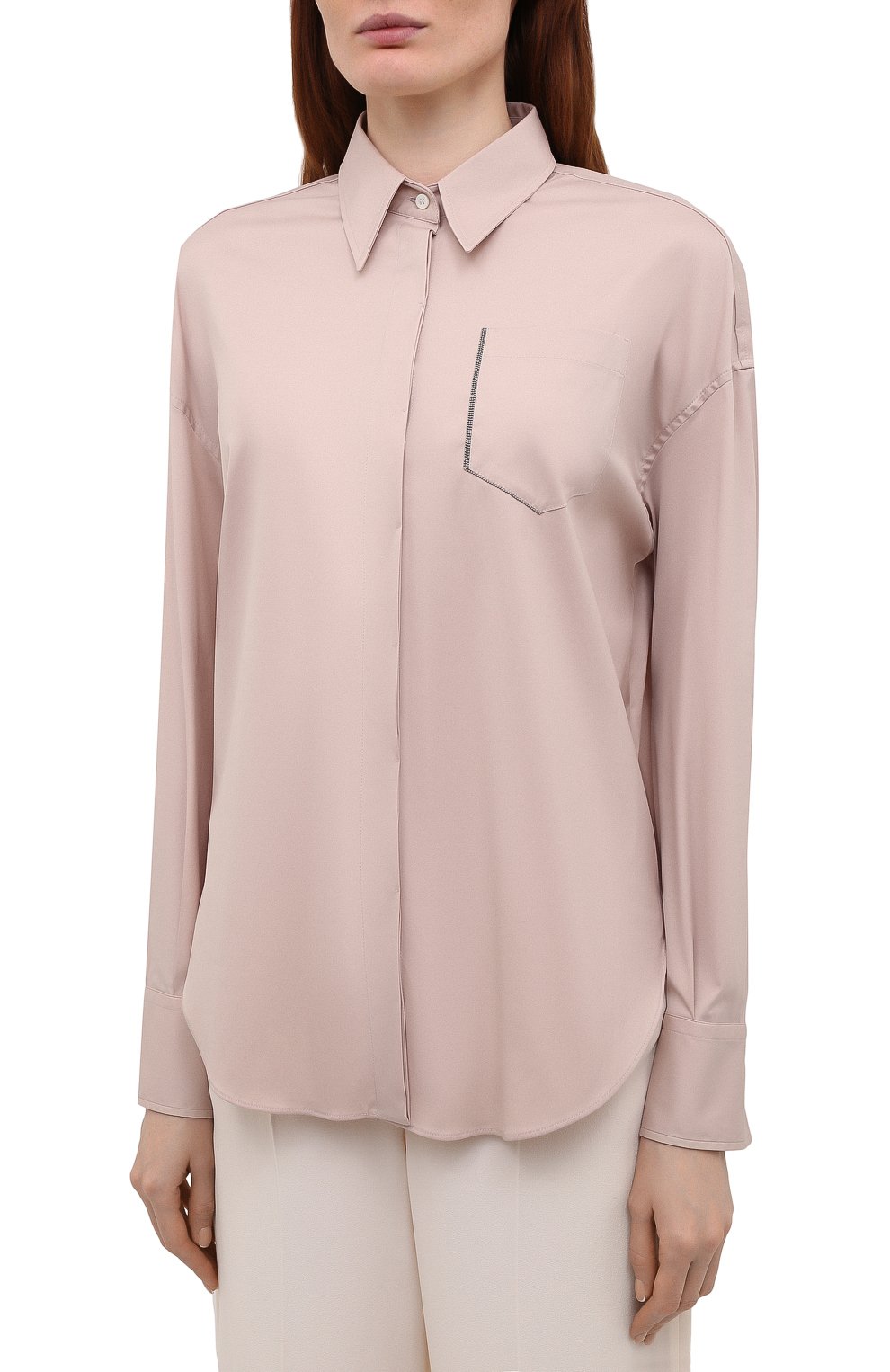 Женская хлопковая рубашка BRUNELLO CUCINELLI светло-розового цвета, арт. MP091NC306 | Фото 3 (Рукава: Длинные; Принт: Без принта; Женское Кросс-КТ: Рубашка-одежда; Длина (для топов): Удлиненные; Материал внешний: Хлопок; Стили: Кэжуэл)