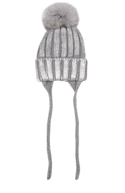 Детского шерстяная шапка с меховым помпоном и металлизированной отделкой CATYA серого цвета, арт. 721596/AD | Фото 1 (Материал: Шерсть, Текстиль; Статус проверки: Проверено, Проверена категория)