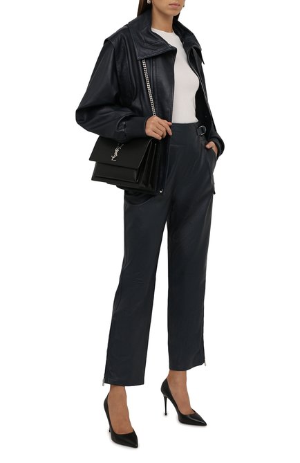 Женские кожаные брюки KENZO синего цвета, арт. FB62WPA337AB | Фото 2 (Материал подклада: Купро; Длина (брюки, джинсы): Стандартные; Женское Кросс-КТ: Брюки-одежда, Кожаные брюки; Силуэт Ж (брюки и джинсы): Прямые; Стили: Гранж; Материал внешний: Натуральная кожа)