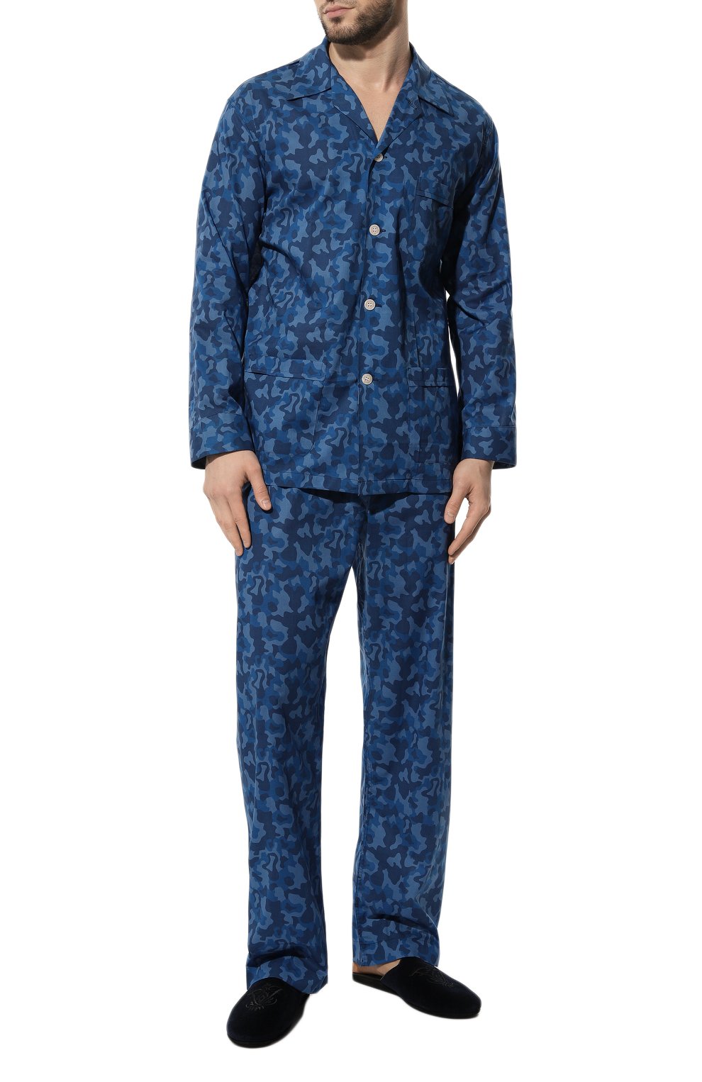 Мужская хлопковая пижама DEREK ROSE синего цвета, арт. 5000-LEDB055 | Фото 2 (Рукава: Длинные; Длина (брюки, джинсы): Стандартные; Кросс-КТ: домашняя одежда; Длина (для топов): Стандартные; Материал сплава: Проставлено; Материал внешний: Хлопок; Драгоценные камни: Проставлено)
