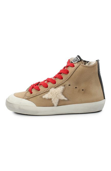 Детские кожаные кеды GOLDEN GOOSE DELUXE BRAND бежевого цвета, арт. GYF00114.F000453 | Фото 2 (Материал внутренний: Натуральная кожа; Материал утеплителя: Натуральный мех; Материал внешний: Кожа; Длина стельки: 23,2; Мальчики Кросс-КТ: Обувь-высокие)