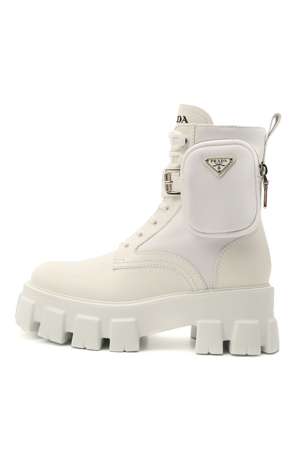 Женские кожаные ботинки monolith PRADA белого цвета, арт. 1T255M-3L09-F0009 | Фото 2 (Женское Кросс-КТ: Военные ботинки; Подошва: Массивная)