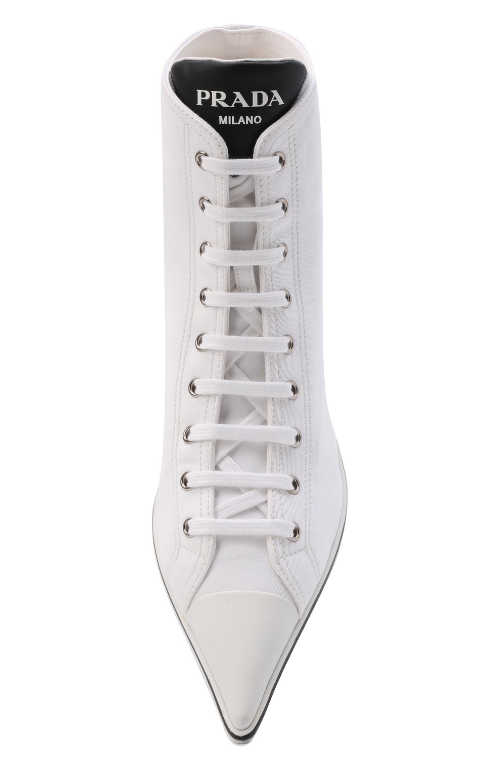 Женские текстильные ботильоны PRADA белого цвета, арт. 1T575M-GUD-F0009-045 | Фото 4 (Материал внешний: Текстиль; Каблук высота: Низкий; Материал утеплителя: Без утеплителя; Подошва: Плоская; Каблук тип: Kitten heel)