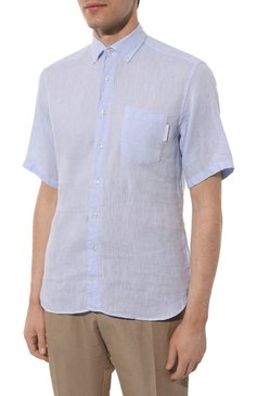 Мужская льняная рубашка BOGNER синего цвета, арт. 58872973 | Фото 3 (Воротник: Button down; Рукава: Короткие; Случай: Повседневный; Длина (для топов): Стандартные; Материал внешний: Лен; Принт: Однотонные; Стили: Кэжуэл)