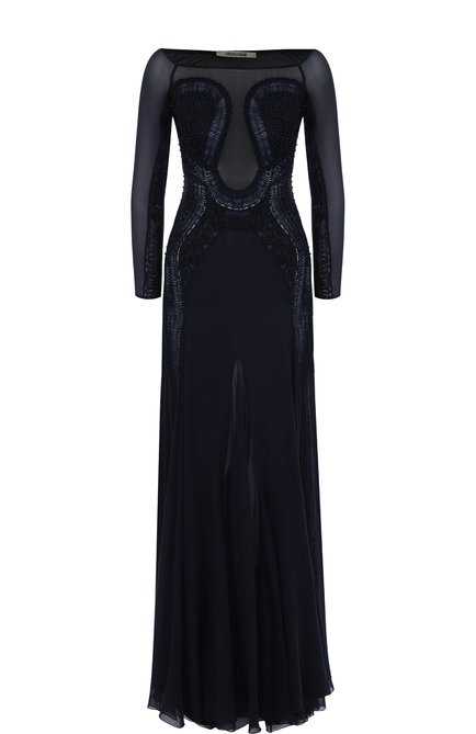 Женское шелковое платье-макси с прозрачными вставками и декорированной отделкой ROBERTO CAVALLI синего цвета по цене 1060000 руб., арт. GWR137/GG001 | Фото 1
