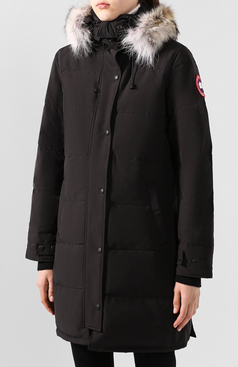 Женский пуховик shelburne CANADA GOOSE черного цвета, арт. 3802L | Фото 3 (Рукава: Длинные; Длина (верхняя одежда): До колена, До середины бедра; Материал внешний: Синтетический материал, Полиэстер; Кросс-КТ: Пуховик; Материал сплава: Проставлено, Проверено; Материал подклада: Синтетический материал; Статус проверки: Проверено, Проверена категория; Драгоценные камни: Проставлено; Материал утеплителя: Пух и перо)