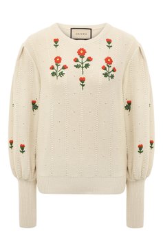 Женский пуловер из шерсти и хлопка GUCCI кремвого цвета, арт. 653328 XKBS9 | Фото 1 (Материал внешний: Шерсть, Хлопок; Рукава: Длинные; Длина (для топов): Стандартные; Женское Кросс-КТ: Пуловер-одежда; Стили: Кэжуэл)