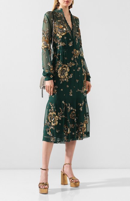 Женское шелковое платье SAINT LAURENT зеленого цвета, арт. 624434/Y065W | Фото 2 (Материал подклада: Шелк; Материал внешний: Шелк; Длина Ж (юбки, платья, шорты): Миди; Рукава: Длинные; Женское Кросс-КТ: Платье-одежда; Случай: Вечерний; Региональные ограничения белый список (Axapta Mercury): RU)
