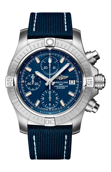 Мужские часы avenger chronograph 43 BREITLING бесцветного цвета, арт. A13385101C1X1 | Фото 1 (Материал корпуса: Сталь; Цвет циферблата: Синий; Механизм: Автомат)
