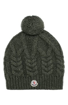 Женская шерстяная шапка фактурной вязки с помпоном MONCLER хаки цвета, арт. D2-093-00247-00-09918 | Фото 1 (Материал: Текстиль, Шерсть, Синтетический материал; Статус проверки: Проверена категория)